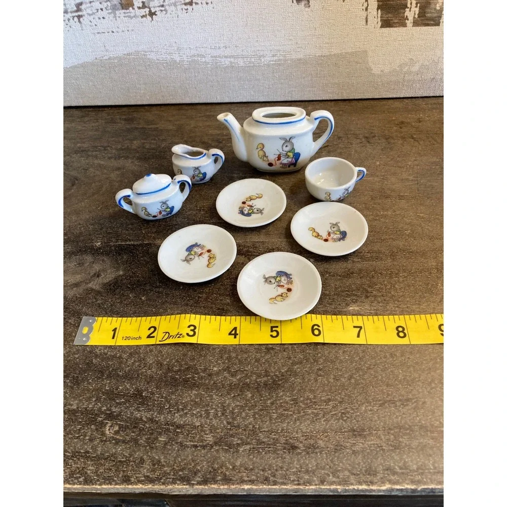 Vintage Miniature Porcelain Tea Set Bunny Squirrel Knitting Made in‎ Japan 8pc
